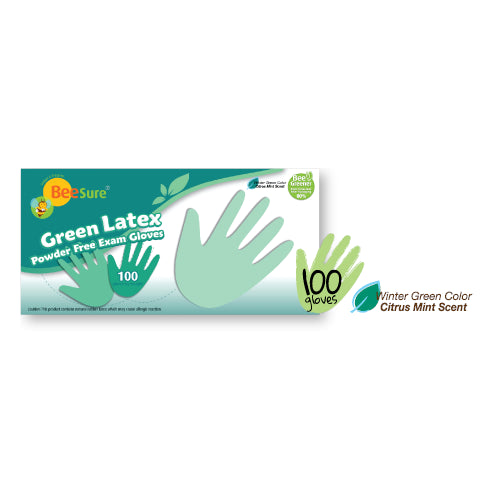 Cranberry 2838 BeeSure Green Latex Exam Gloves Large Powder Free 100/Box Cranberry 2838 BeeSure Green Latex Exam Gloves Large Powder Free 100/Box